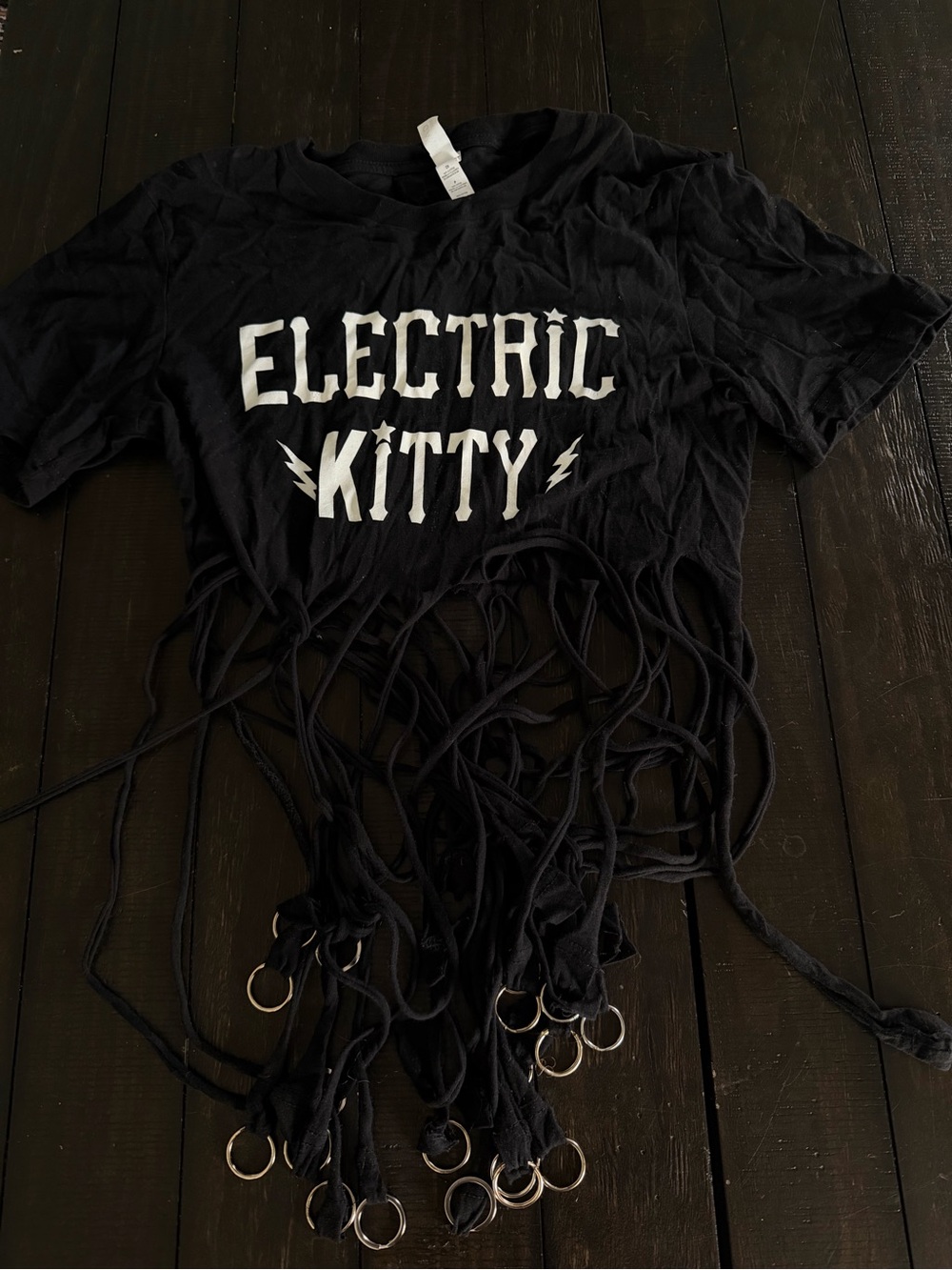 Electric Kitty Black Shredded Fringe Graphic Tee Small